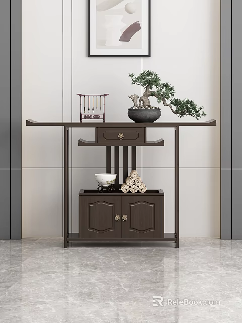 Chinese Style Solid Wood Console Table With Bonsai Decor And Storage Cabinet 3d model