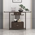 Chinese Style Solid Wood Console Table With Bonsai Decor And Storage Cabinet 3d model