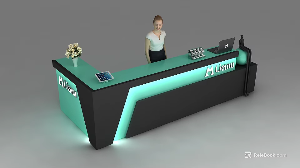 Modern Mcenter Reception Desk with Female Staff Flower Tablet Laptop and LED Lighting 3d model 