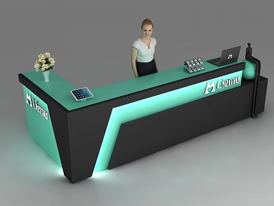 Modern Mcenter Reception Desk with Female Staff Flower Tablet Laptop and LED Lighting 3d model