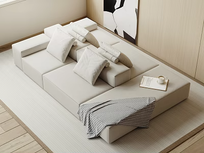 Minimalist Sofa Set With Cushions And Blanket In Neutral Tones 3d model
