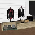 Stylish Formal Suits and Shirts on Mannequins with Handbag Wallet Phone at Display Table by Window