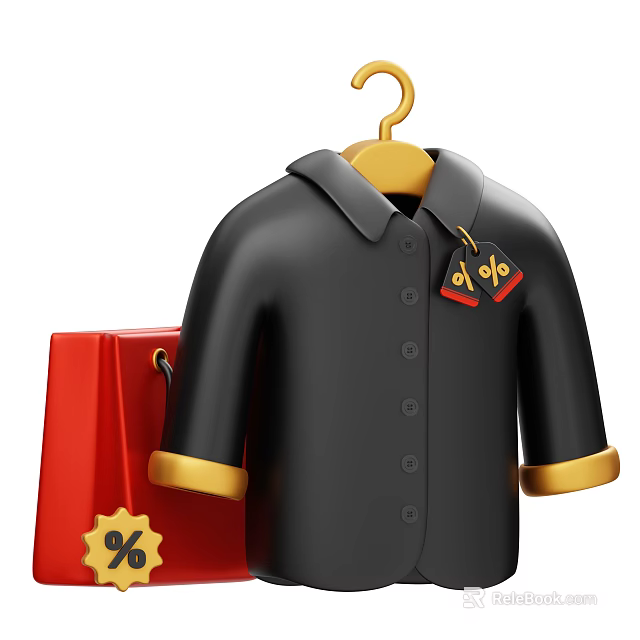 Black Shirt with Gold Trim Cuffs on Hanger and Red Shopping Bag for Discount Promotion 3d model 