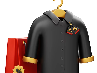 Black Shirt with Gold Trim Cuffs on Hanger and Red Shopping Bag for Discount Promotion 3d model