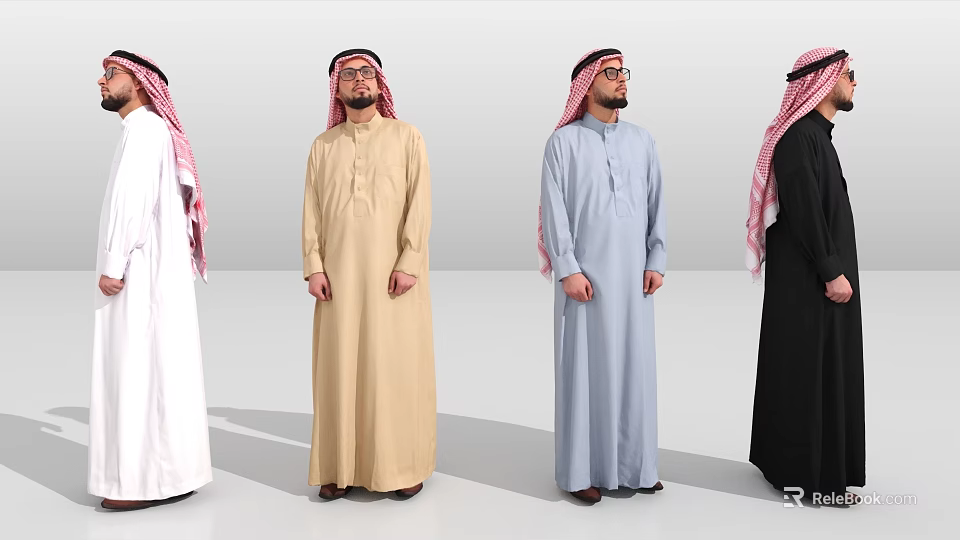 Men In Traditional Robes With Different Colors Standing Against White Background 3d model 