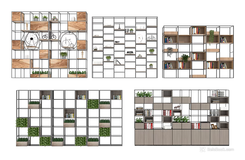 Modern Bookcase Designs With Multiple Shelves Plant Decor And Grid Layout 3d model