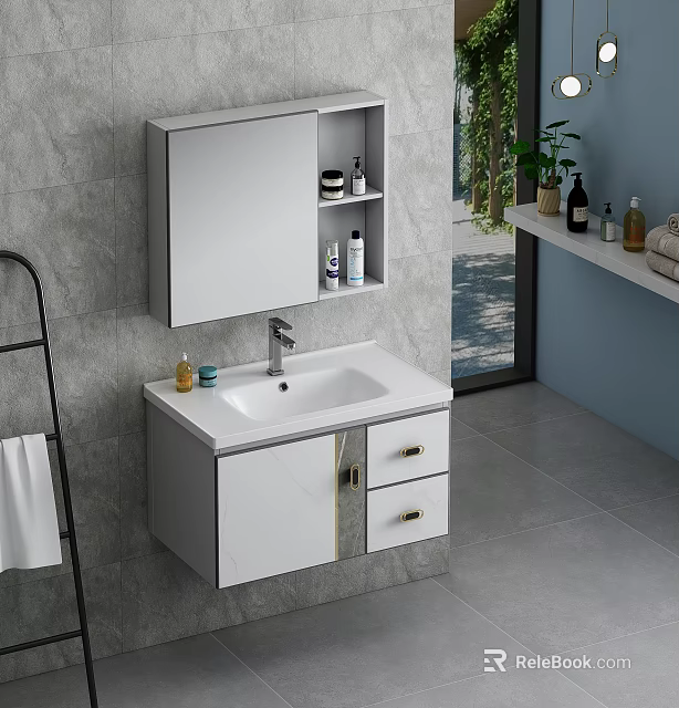 Modern White Bathroom Vanity Cabinet With Marble Countertop Mirror And Open Shelves 3d model 