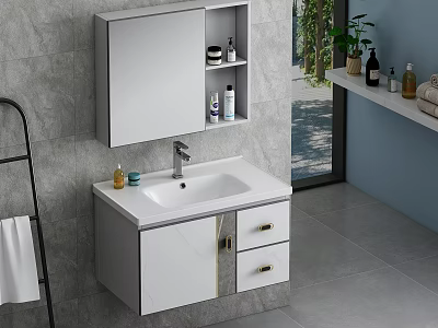 Modern White Bathroom Vanity Cabinet With Marble Countertop Mirror And Open Shelves 3d model