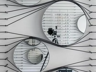 Creative Circular Mirrors Connected By Black Lines Hanging On White Background 3d model