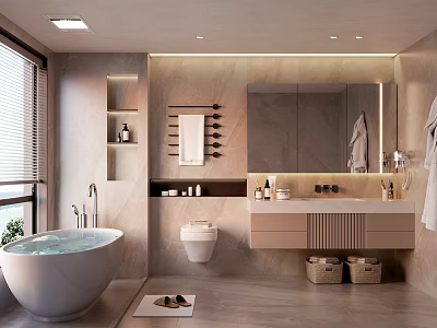Modern Bathroom Interior With Freestanding Bathtub Vanity And Large Mirror 3d model