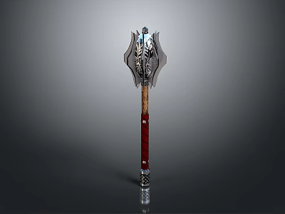 Ornate Battle Axe With Metallic Blade Wooden Red Handle And Silver Accents 3d model
