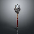 Ornate Battle Axe With Metallic Blade Wooden Red Handle And Silver Accents