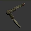 Ancient Bronze Sculpture with Intricate Carvings Patina Featuring Curved Section and Long Handle
