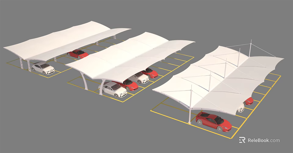 White Sunshade Canopies Cover Parking Spaces with Cars in Parking Lot 3d model 
