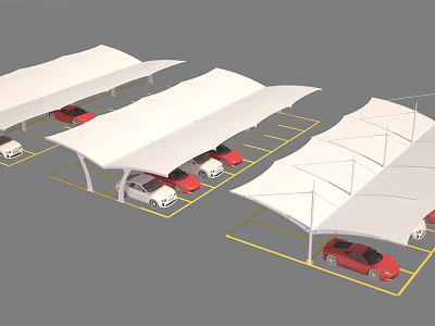 White Sunshade Canopies Cover Parking Spaces with Cars in Parking Lot 3d model