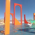 Hygge Beach With Sandy Shore Large Yellow Letters Colorful Arches Palm Trees And Blue Sky