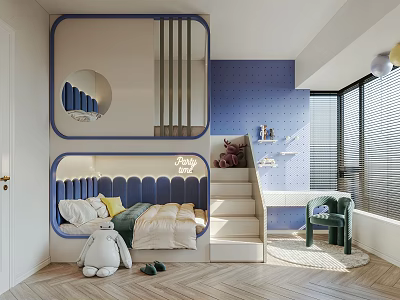 Kids Room Interior With Blue Bunk Bed Staircase Stuffed Toy Desk And Chair 3d model