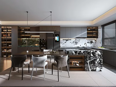 Modern Kitchen Interior With Marble Island Cabinets Dining Table And Pendant Lights 3d model