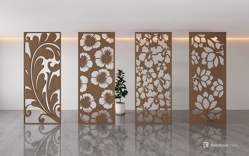 Wooden Room Dividers With Intricate Floral Leaf Patterns For Modern Interior 3d model 
