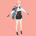 Woman with pink hair wearing glasses white shirt black skirt and mechanical device on shoulder