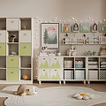 Kids Room Setup With Green White Storage Cabinets Wall Art And Stuffed Animal On Rug