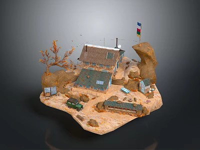 Modern Miniature Diorama With Houses Rocks Flag Green Vehicle And Trees 3d model