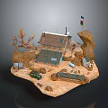 Modern Miniature Diorama With Houses Rocks Flag Green Vehicle And Trees