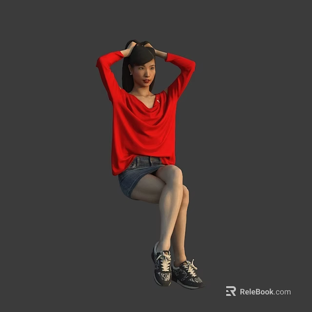 Woman in red top and denim shorts sits with hands on head against gray background 3d model 