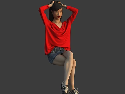 Woman in red top and denim shorts sits with hands on head against gray background 3d model