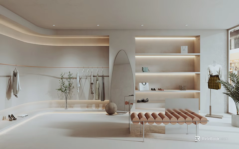 Modern Minimalist Clothing Store Interior With Hanging Clothes Racks Arched Mirror And Wooden Bench 3d model 