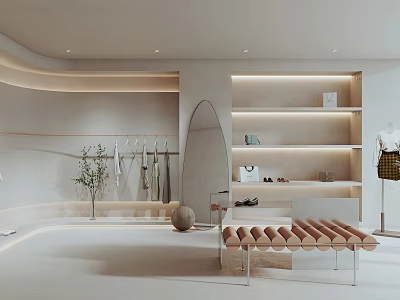 Modern Minimalist Clothing Store Interior With Hanging Clothes Racks Arched Mirror And Wooden Bench 3d model