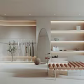 Modern Minimalist Clothing Store Interior With Hanging Clothes Racks Arched Mirror And Wooden Bench