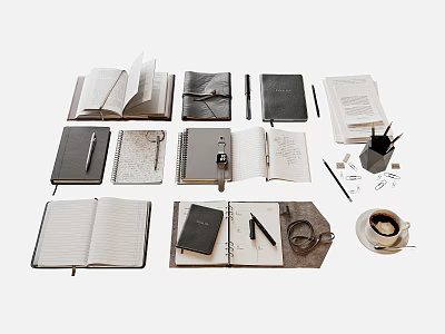 Open and Closed Notebooks Arranged with Pens Eyeglasses Coffee Cup and Desk Items 3d model