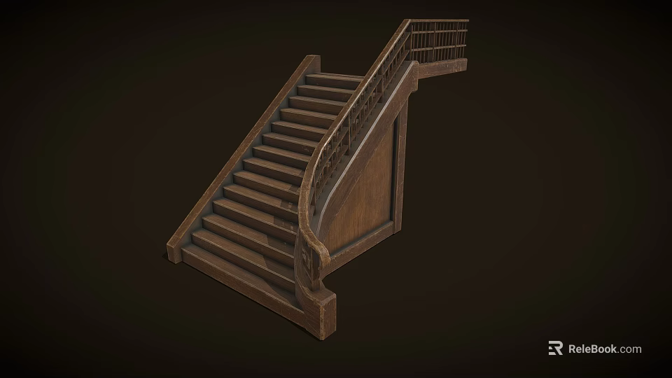 Traditional Wooden Staircase With Classic Railing Steps And Carved Side Panel 3d model 
