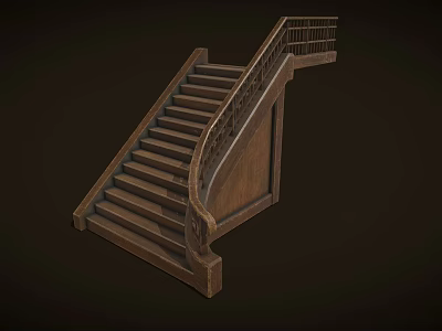 Traditional Wooden Staircase With Classic Railing Steps And Carved Side Panel 3d model