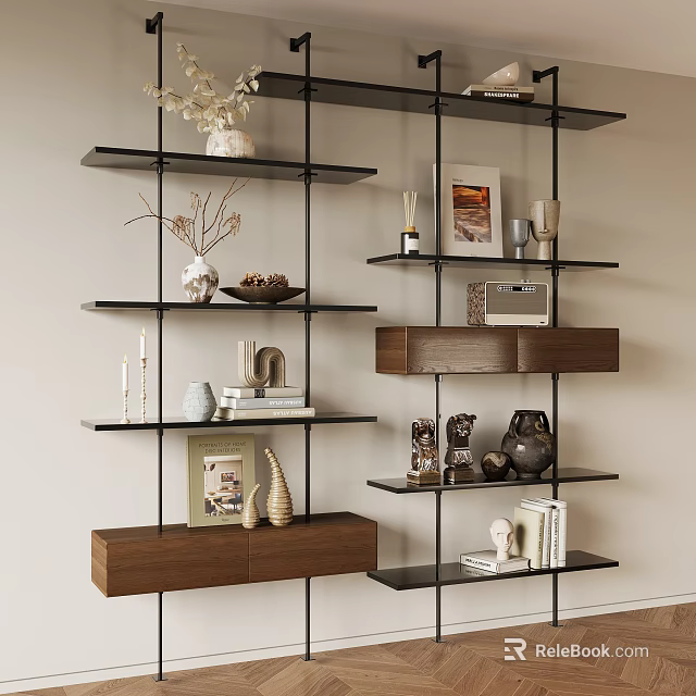 Stylish Multi Tiered Shelving Unit With Black Metal Frame And Wooden Shelves For Decorative Items 3d model 