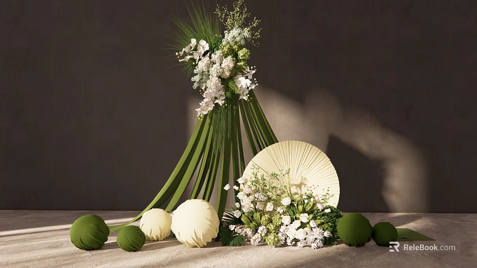 Indoor Floral Installation With Green Stems White Flowers Round Spheres And Beige Fan 3d model 