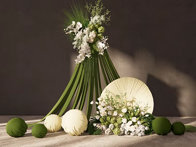 Indoor Floral Installation With Green Stems White Flowers Round Spheres And Beige Fan 3d model