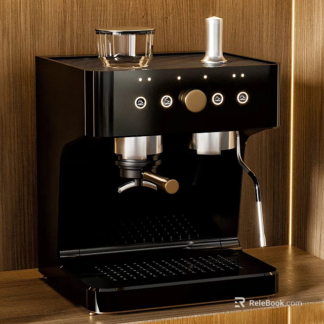 Black Coffee Machine With Metal Buttons And Lever On Wooden Background 3d model 