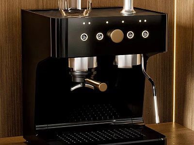 Black Coffee Machine With Metal Buttons And Lever On Wooden Background 3d model