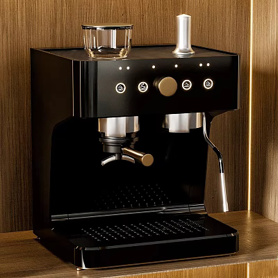 Black Coffee Machine With Metal Buttons And Lever On Wooden Background 3d model