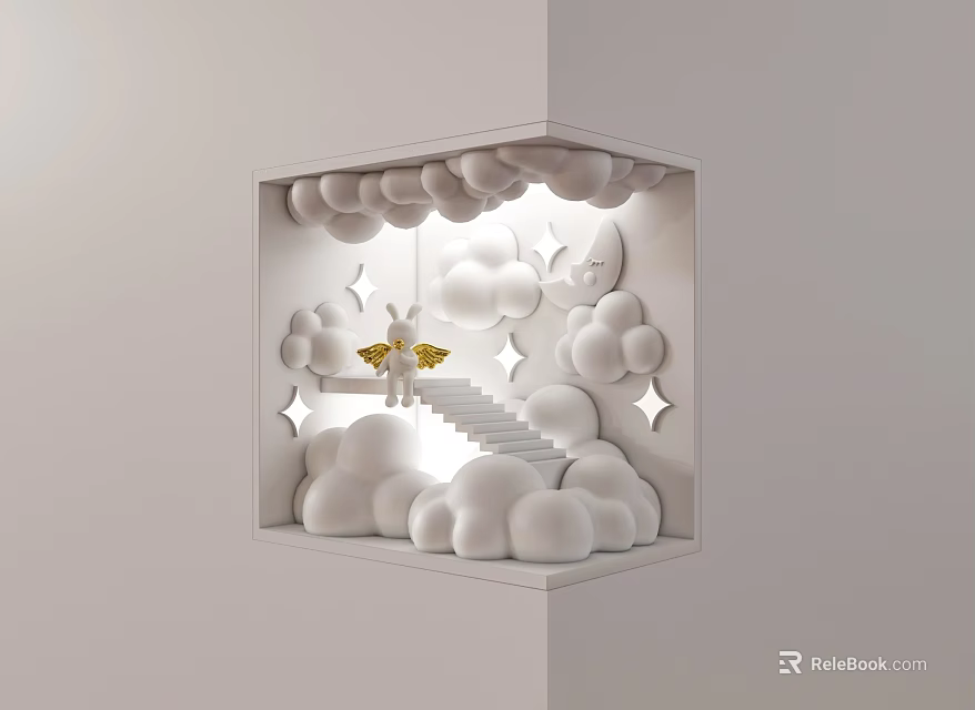 Whimsical Corner Wall Lamp With Clouds Moon Stars And Winged Decoration 3d model 