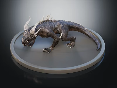 Horned Spiked Mythical Reptile Creature 3D Model on Circular Display Stand 3d model