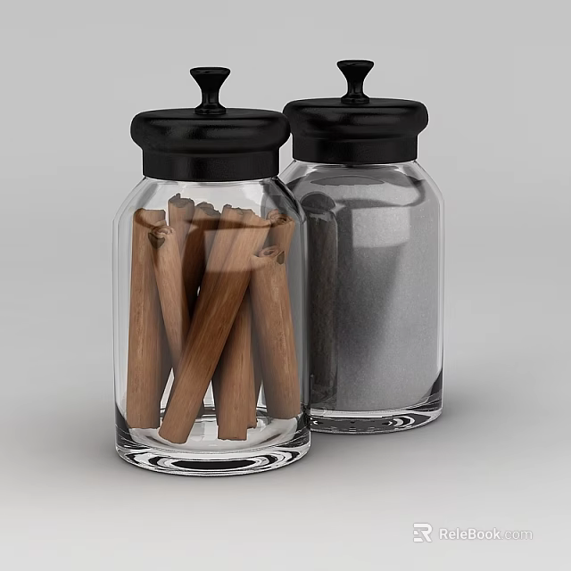 Stylish Kitchen Glass Jars With Black Lids Containing Cinnamon Sticks And Spices 3d model 