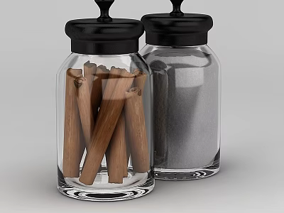 Stylish Kitchen Glass Jars With Black Lids Containing Cinnamon Sticks And Spices 3d model