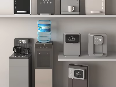 Various Types Of Water Dispensers Displayed On Shelves 3d model