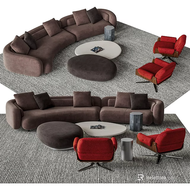 Modern Curved Brown Sofa And Round White Coffee Table Set With Red Accent Chairs 3d model 