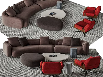 Modern Curved Brown Sofa And Round White Coffee Table Set With Red Accent Chairs 3d model