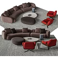 Modern Curved Brown Sofa And Round White Coffee Table Set With Red Accent Chairs 3d model
