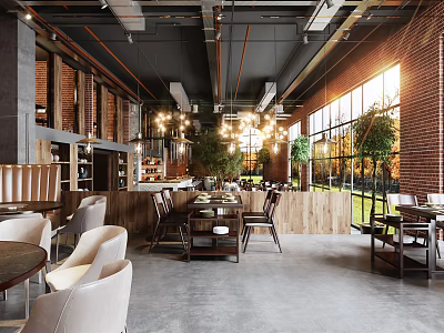 Modern Hot Pot Restaurant Interior With Dining Tables Chairs Hanging Lights And Green Plants 3d model